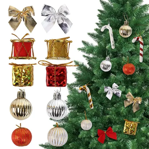 Plastic Christmas Tree Ornaments Hanging Decorations Bowknots Decorative Balls Candy Canes Mini Drums Gift Boxes Holiday Party Decor