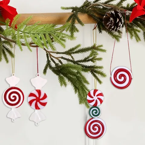 Christmas Candy Lollipop Hanging Ornaments Plastic Red White Green Spiral Striped DIY Christmas Tree Holiday Party Decor