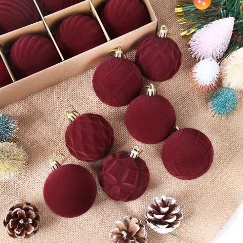 Bolas de Navidad Flocadas Burdeos Colgantes de Terciopelo Vintage para Decoración de Árbol de Navidad y Fiesta