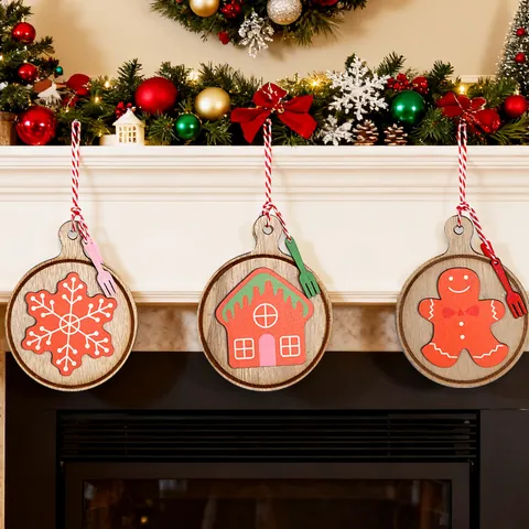 Christmas Wooden Hanging Ornaments Gingerbread Man Snowflake House Patterns With Colorful Fork Decoration For Xmas Tree Decor