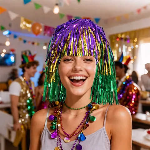 Peluca de Espumillón Mardi Gras Morado Dorado Verde Flecos Metálicos Estilo Bob Accesorio para Cabello de Carnaval