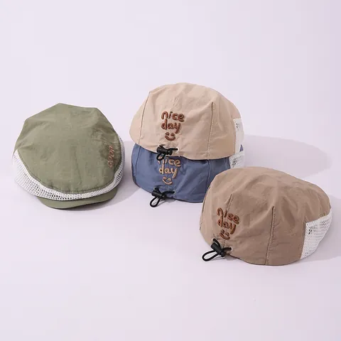 Kids Summer Breathable Mesh Beret Hat Cotton Polyester Adjustable Sun Protection Cap With Letter Embroidery For Boys Girls