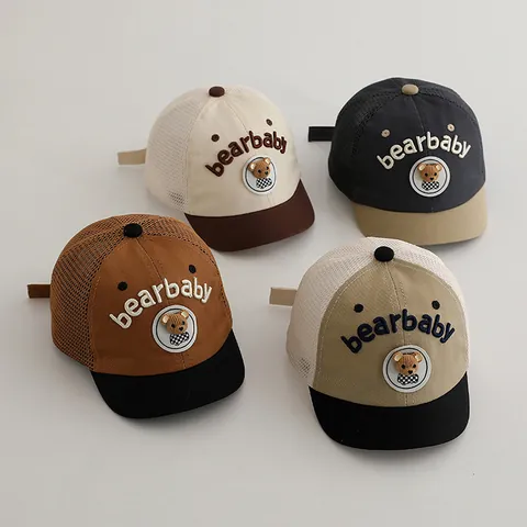 Baby Bear Embroidery Mesh Baseball Cap Kids Cartoon Breathable Sun Hat Toddler Adjustable Patchwork Summer Outdoor Peaked Hat