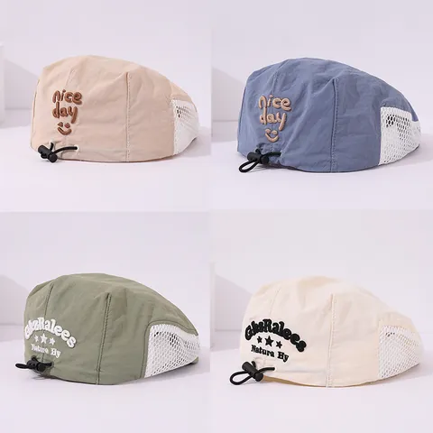 Kids Summer Breathable Mesh Beret Hat Cotton Polyester Adjustable Sun Protection Cap With Letter Embroidery For Boys Girls
