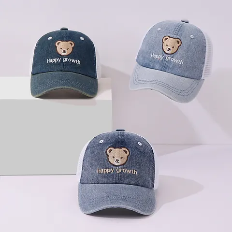 Gorra de Béisbol de Mezclilla y Malla para Niños Bordado de Oso Happy Growth Sombrero de Sol Transpirable para Niños Niñas Dos a Cinco Años