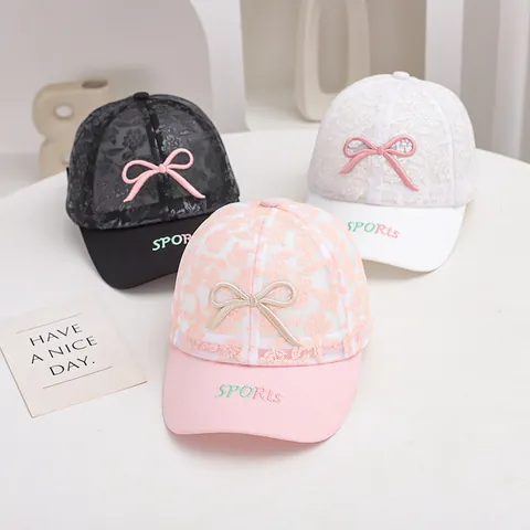 Kids Lace Floral Baseball Cap Sweet Bow Mesh Breathable Sun Hat Girls Outdoor Casual Adjustable Sporty Toddler Headwear