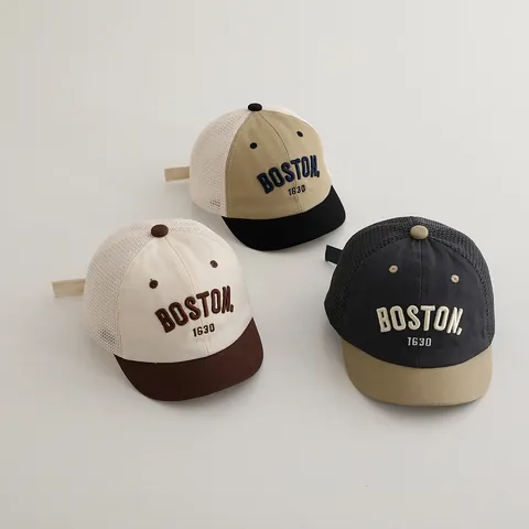 Vintage Baby Kids Mesh Baseball Cap BOSTON Royal Letter Embroidery Short Brim Breathable Sun Protection Trucker Hat For Toddlers