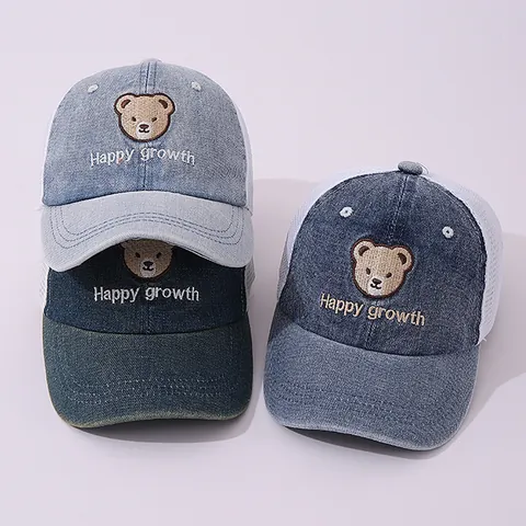 Gorra de Béisbol de Mezclilla y Malla para Niños Bordado de Oso Happy Growth Sombrero de Sol Transpirable para Niños Niñas Dos a Cinco Años