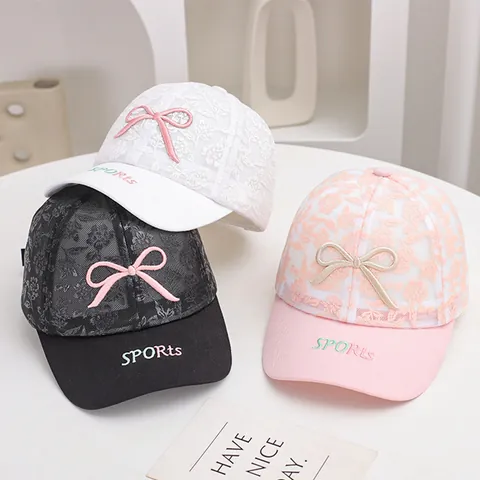 Kids Lace Floral Baseball Cap Sweet Bow Mesh Breathable Sun Hat Girls Outdoor Casual Adjustable Sporty Toddler Headwear