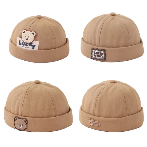 Kids Retro Brimless Docker Hat Cotton Blend Cartoon Bear Patch Melon Cap Beanie For Boys Girls Casual Outdoor Sun Hat