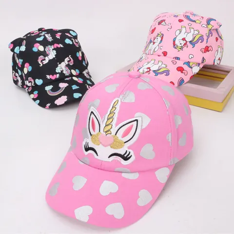 Kids Girls Baseball Cap Cartoon Unicorn Heart Embroidery Rainbow Print 3D Ears Sun Protection Adjustable Outdoor Hat