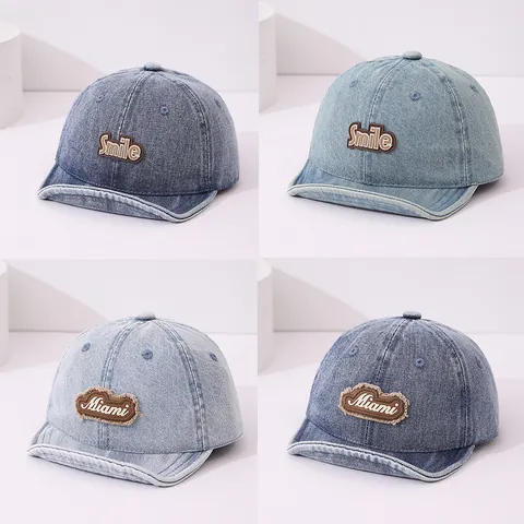 Baby Kids Denim Baseball Cap Soft Brim Smile Miami Bear Patch Retro Sun Hat For Infants Toddlers Adjustable Street Casual Headwear