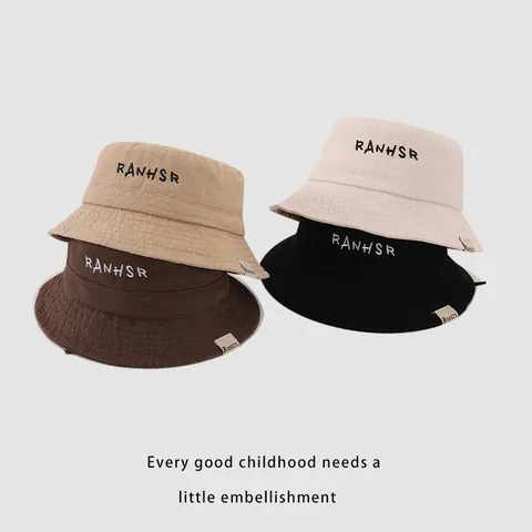 Kids Cotton Blend Bucket Hat For Boys Girls Summer Outdoor Sun Protection Embroidered Letter Design With Adjustable Windproof Rope Sunshade Hat