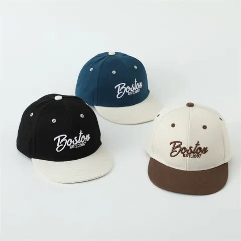 Kids Retro Color Block Baseball Cap Boston Embroidery Flat Brim Hip Hop Hat For Children Cotton Blend Sun Protection Streetwear Peaked Cap