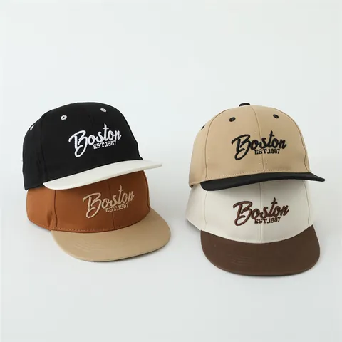 Kids Retro Color Block Baseball Cap Boston Embroidery Flat Brim Hip Hop Hat For Children Cotton Blend Sun Protection Streetwear Peaked Cap