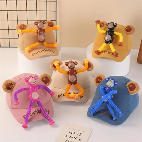 Kids Cartoon Baseball Cap With Detachable Telescopic Tube Monkey Robot Toy Suction Cup Fun Decompression Corduroy Hat For Boys Girls