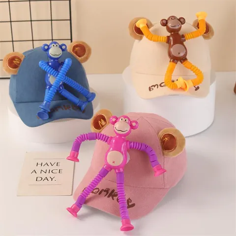Kids Cartoon Baseball Cap With Detachable Telescopic Tube Monkey Robot Toy Suction Cup Fun Decompression Corduroy Hat For Boys Girls