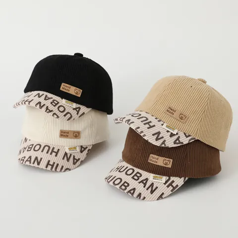 Kids Corduroy Baseball Cap Cartoon Bear Leather Patch Letter Print Warm Winter Hat For Boys Girls Toddler Adjustable