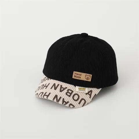 Kids Corduroy Baseball Cap Cartoon Bear Leather Patch Letter Print Warm Winter Hat For Boys Girls Toddler Adjustable