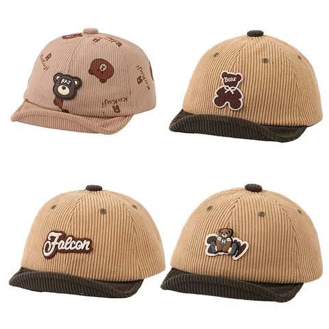 Baby Corduroy Baseball Cap Cartoon Bear Embroidered Soft Brim Sun Hat For Toddler Infant Autumn Winter Warm Adjustable Hat
