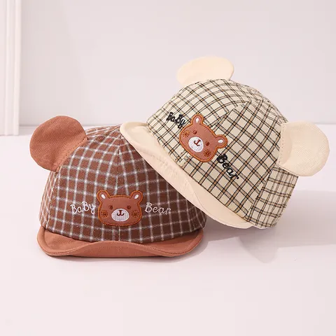 Baby Soft Brim Baseball Cap Cotton Blend Plaid Pattern Cartoon Bear Embroidery Round Ears Adjustable For Toddler Infants