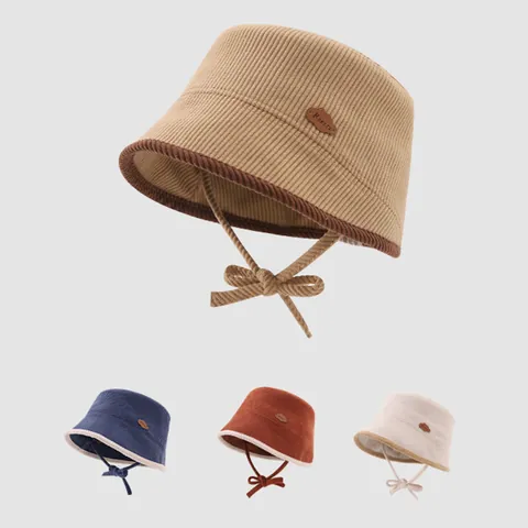 Kids Corduroy Bucket Hat Soft Warm Toddler Fisherman Hat With Windproof Strap Contrast Trim Cute Autumn Winter Sun Hat