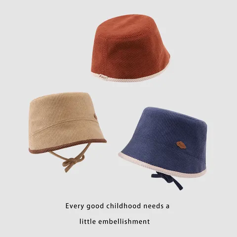 Kids Corduroy Bucket Hat Soft Warm Toddler Fisherman Hat With Windproof Strap Contrast Trim Cute Autumn Winter Sun Hat