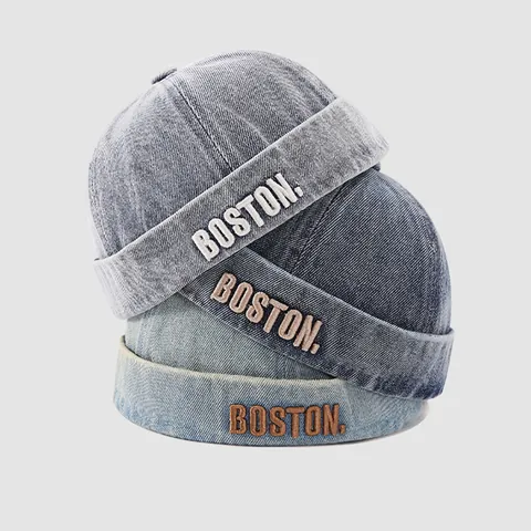 Kids Washed Denim Docker Hat Retro Brimless Cap With Boston Letter Embroidery Adjustable Cotton Miki Hat For Boys Girls