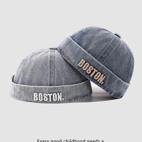 Kids Washed Denim Docker Hat Retro Brimless Cap With Boston Letter Embroidery Adjustable Cotton Miki Hat For Boys Girls