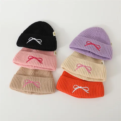 Kids Winter Warm Knit Hat Beanie With Bowknot Embroidery Solid Color Ribbed Soft Crochet Cap For Toddler Boys Girls