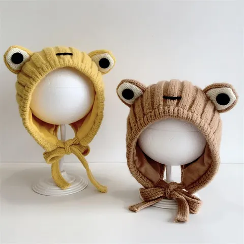 Kinder Winter Warm Acryl Strick Frosch Hut Süße Cartoon Große Augen Ohrklappe Häkeln Beanie Für Kleinkinder Jungen Mädchen