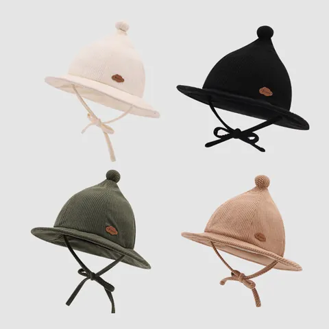 Kids Corduroy Bucket Hat Pointy Witch Hat With Pompom Chin Strap For Boys Girls 2-4 Years Old Spring Autumn Fashion Hat