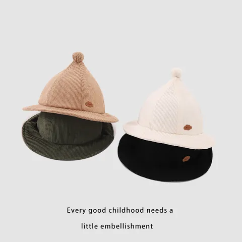 Kids Corduroy Bucket Hat Pointy Witch Hat With Pompom Chin Strap For Boys Girls 2-4 Years Old Spring Autumn Fashion Hat