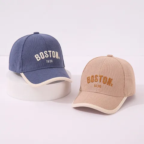 Kids Corduroy Boston Letter Embroidery Baseball Cap Retro Contrast Color Edge Sun Hat For Boys Girls Toddler