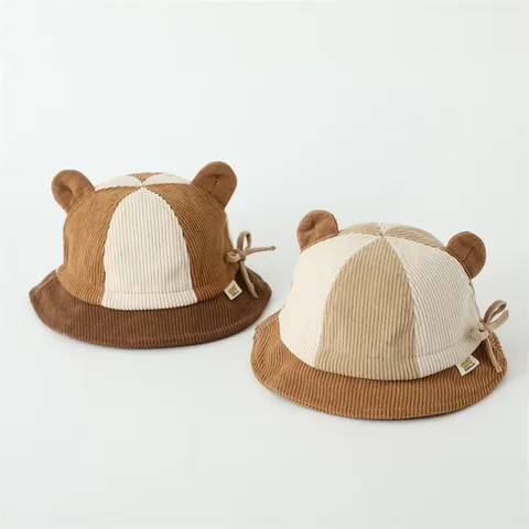 Kids Corduroy Bucket Hat Cute Animal Ears Bowknot Color Block Warm Winter Sun Hat For Toddler Girls Boys Fashion Accessories
