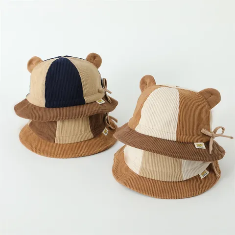 Kids Corduroy Bucket Hat Cute Animal Ears Bowknot Color Block Warm Winter Sun Hat For Toddler Girls Boys Fashion Accessories