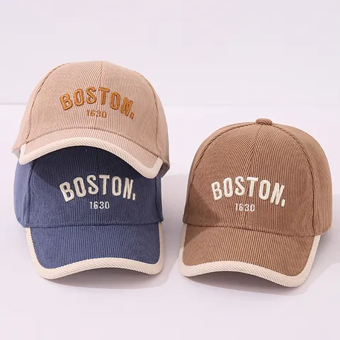 Kids Corduroy Boston Letter Embroidery Baseball Cap Retro Contrast Color Edge Sun Hat For Boys Girls Toddler