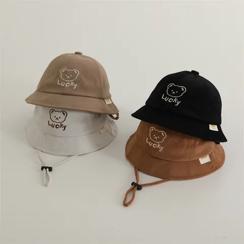 Lucky Bear Embroidery Kids Cotton Blend Bucket Hat For Toddler Boys Girls Adjustable Windproof Strap Autumn Winter Hat