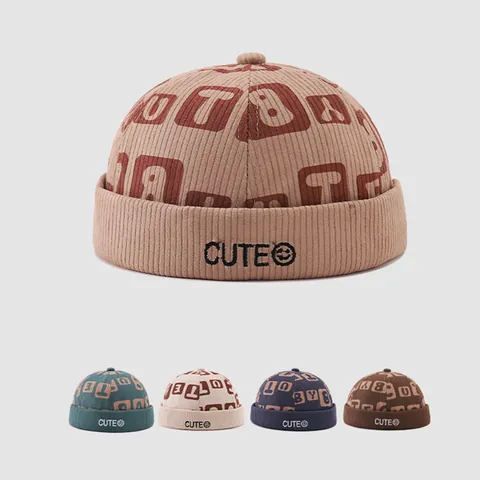 Cappello Miki in Velluto a Coste per Bambini Simpatico Berretto Senza Tesa con Stampa di Lettere Retrò Caldo per Autunno Inverno Moda