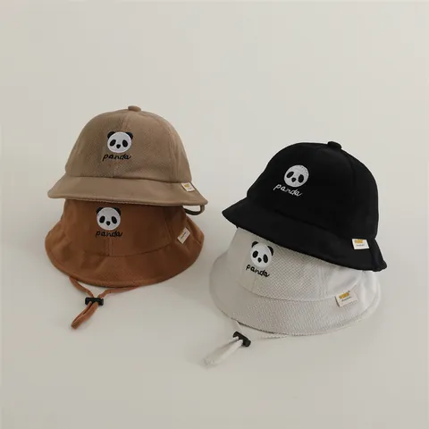 Children's Cartoon Panda Embroidered Cotton Waffle Bucket Hat With Adjustable Windproof String For Kids Winter Basin Hat