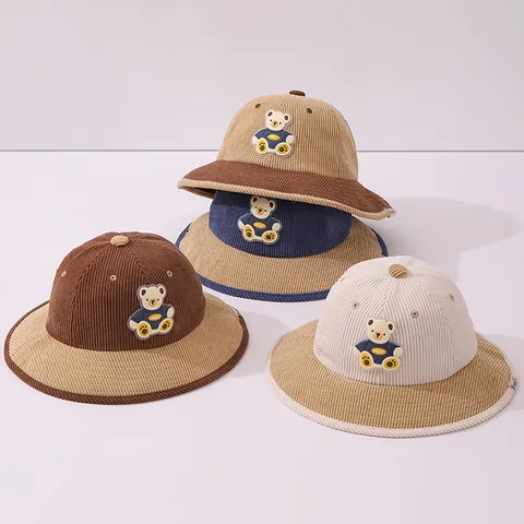 Kids Corduroy Patchwork Fisherman Hat Winter Warm Toddler Bucket Hat With Bear Mouse Ear Pattern For Boys Girls Daily Wear