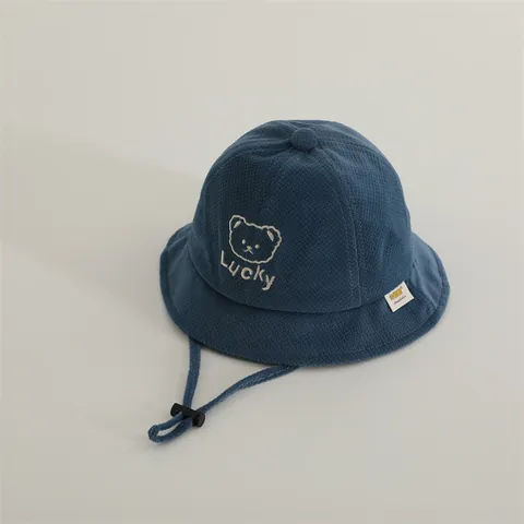 Lucky Bear Embroidery Kids Cotton Blend Bucket Hat For Toddler Boys Girls Adjustable Windproof Strap Autumn Winter Hat