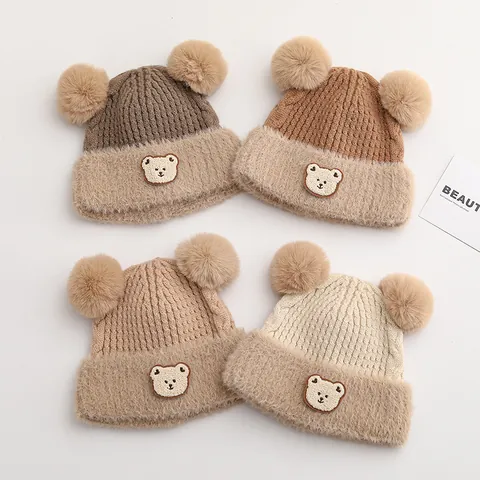 Kids Winter Warm Knit Beanie Hat With Double Pom Poms Cute Bear Patch Thickened Ear Protection Thermal Skull Cap For Toddlers