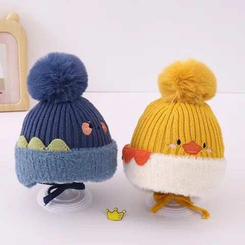 Kinderen Winter Gebreide Mut Cartoon Dier Oorkleppen Warme Polyester Muts Met Grote Pompon Voor Jongens Meisjes