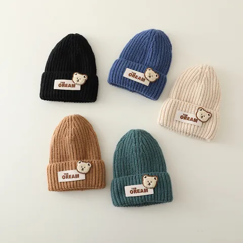 Gorro De Punto Cálido De Invierno Para Niños Color Sólido Parche De Oso De Dibujos Animados Gorro De Lana Para Niños Niñas