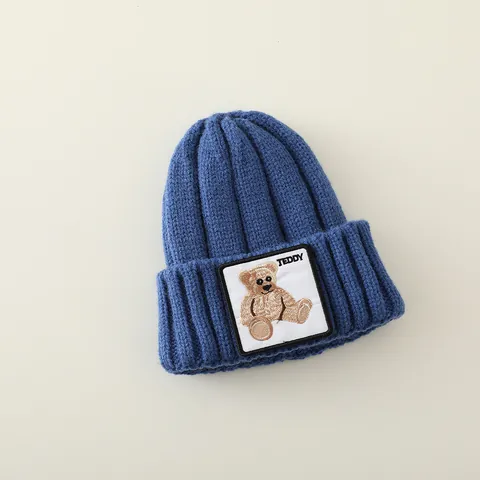Winter Thickened Baby Knitted Beanie Warm Fleece Lined Cartoon Teddy Bear Patch Solid Color Elastic Cap For Boys Girls