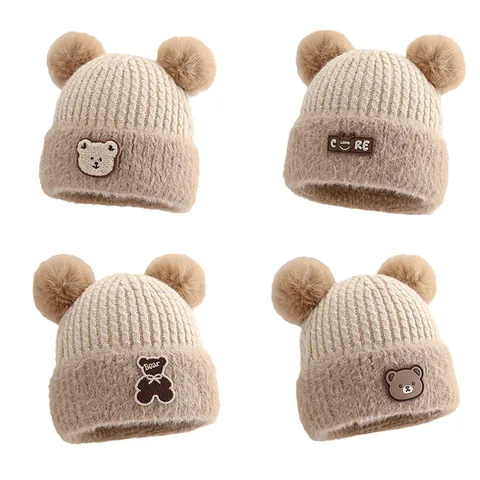 Kids Winter Warm Knit Beanie Hat With Double Pom Poms Cute Bear Patch Thickened Ear Protection Thermal Skull Cap For Toddlers