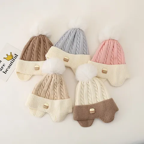 Acrylic Knitted Pom Pom Hat With Ear Flaps Warm Winter Beanie For Children Toddler Boys Girls Solid Color Twist Pattern