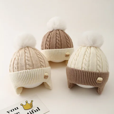 Acrylic Knitted Pom Pom Hat With Ear Flaps Warm Winter Beanie For Children Toddler Boys Girls Solid Color Twist Pattern