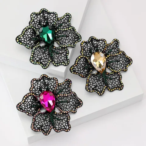 Elegante Broche de Flor Hueca para Mujer de Aleación con Diamantes de Imitación Gran Piedra Talla Pera Estilo Vintage Joyería